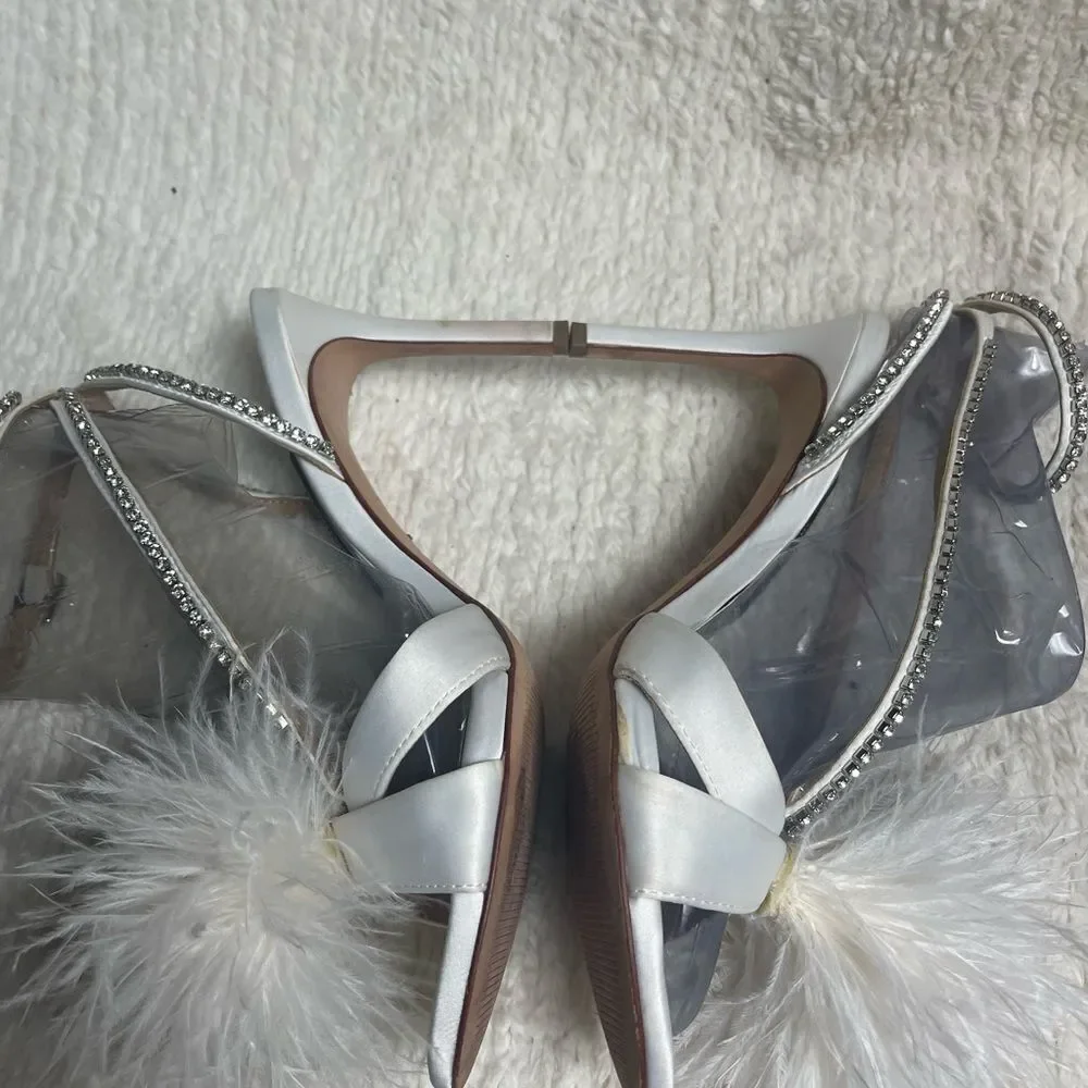 Antonio Melani white Satin Feathered &Rhinestones ankle strap heel Sandals.SZ9M